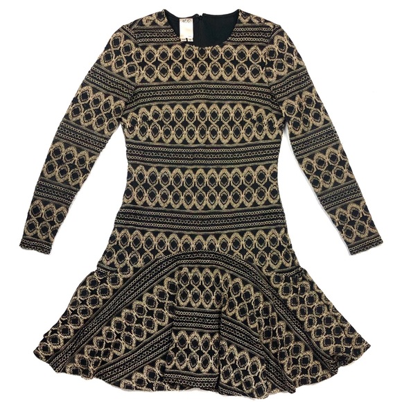 Ali Ro Size 6 Black Gold Knit Fit and Flare Dress - Picture 4 of 8